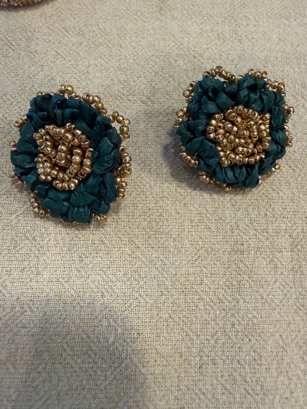 Whimsical forest green floral post earrings gold beading preppy glam artsy